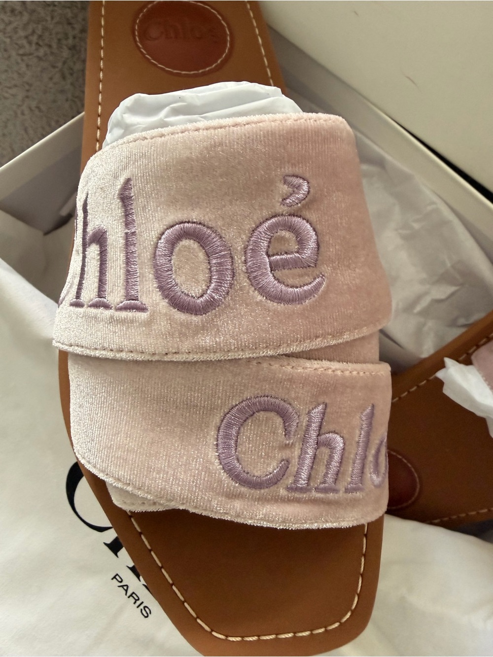 Chloé Pale Pink Satin Logo Slide Sandals with Tan Footbed - Picture 2 of 3